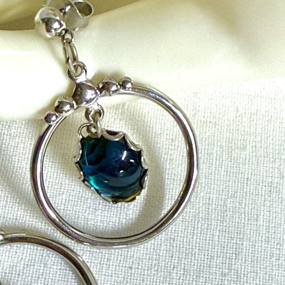 Vintage Silver-Tone Dangle Earrings with Blue Glass Cabochon Drop - Picture 4 of 8